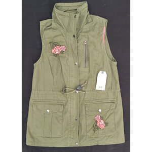 Jolt Cargo Vest With Embroidered Flowers Women's Size Medium Army Green